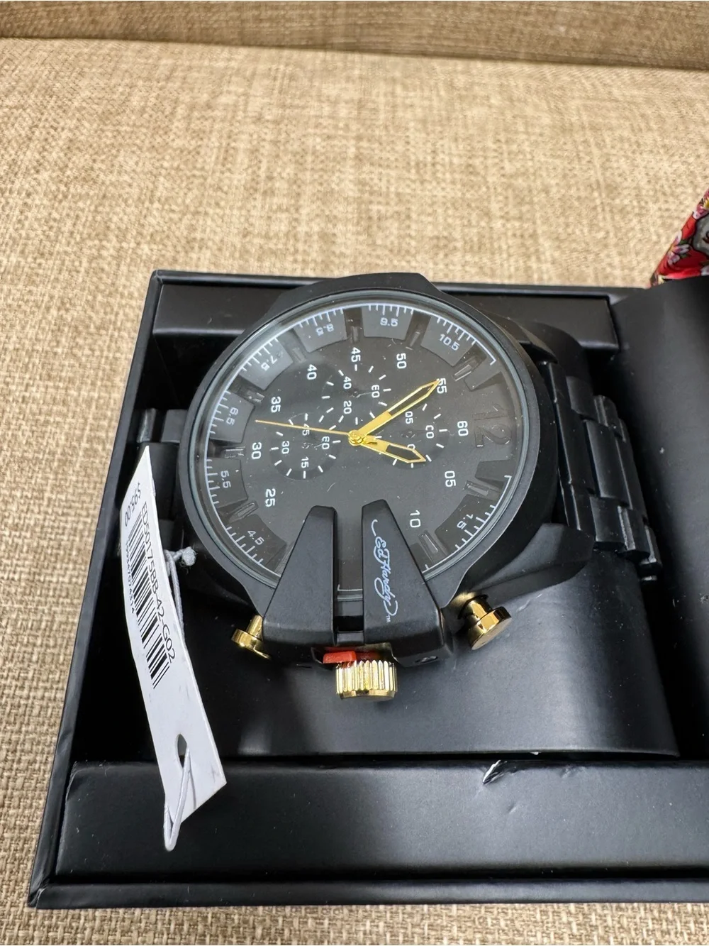 Ed Hardy Men’s Quartz Chronograph Watch Black Dial Black Metal Bracelet Box